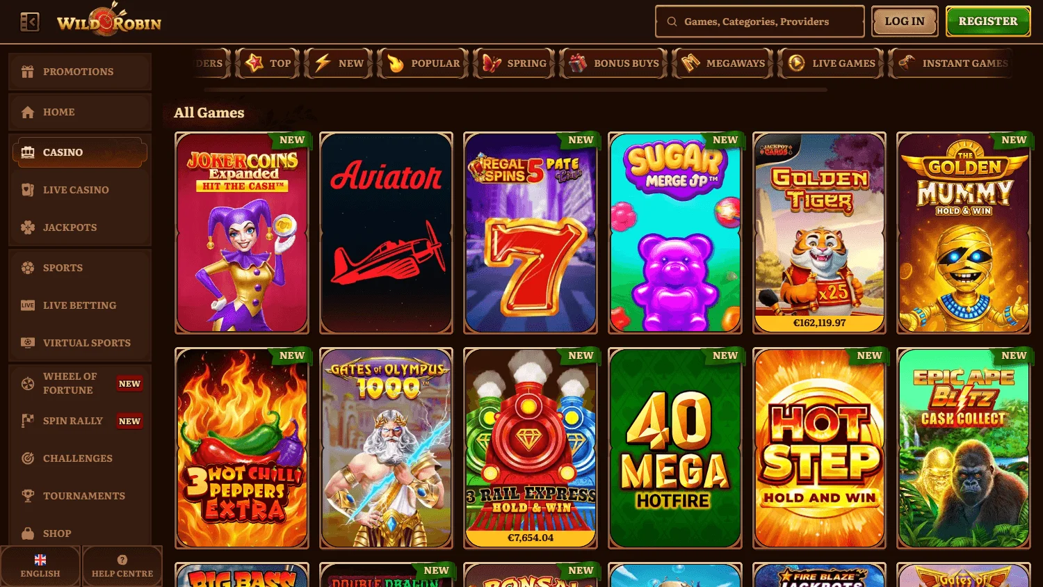 Wild Robin Casino games screen on desktop