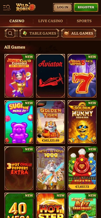 Wild Robin Casino games screen on a mobile device