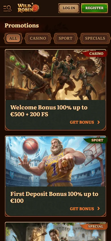 Wild Robin Casino promotions screen on a mobile device