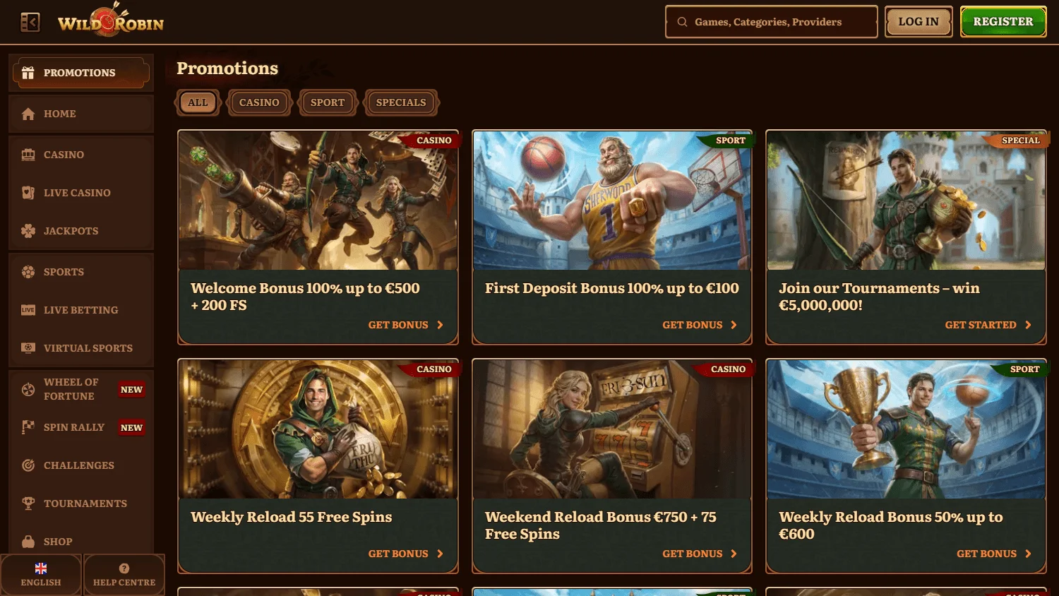 Wild Robin Casino promotions screen on desktop