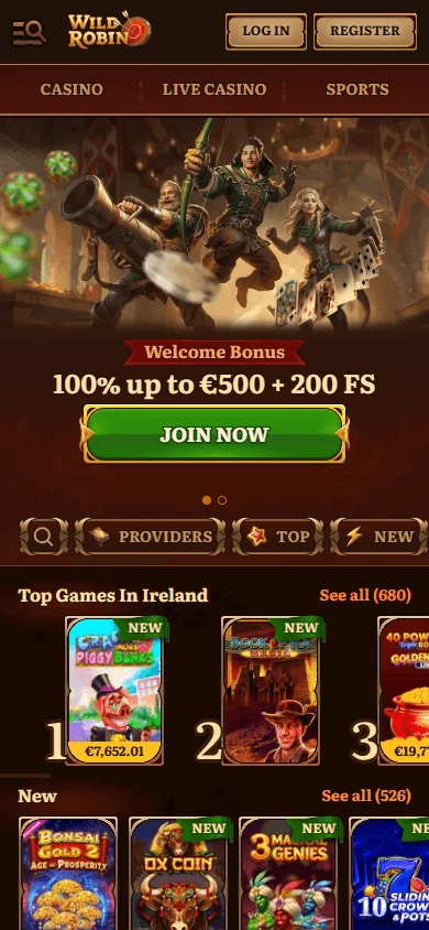Wild Robin Casino home screen on a mobile device