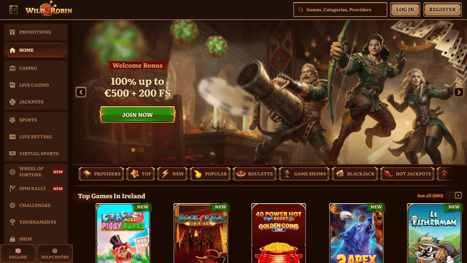 Wild Robin Casino home screen on desktop